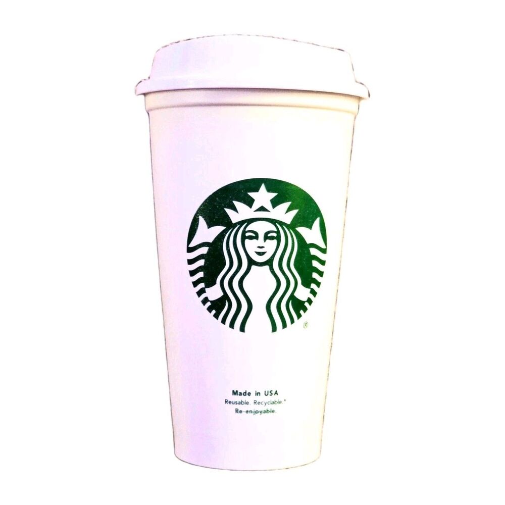 Starbucks Travel Mug Reusable Tall Plastic Coffee Cup w/Lid 16oz White 2012 Logo